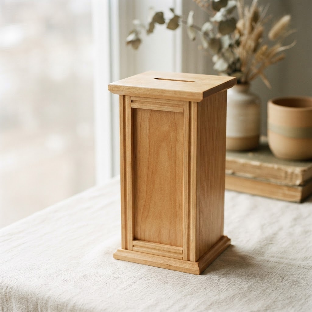 A handcrafted natural wood tzedakah box on a cream linen surface