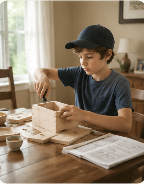 A focused boy carefully building a meaningful handcrafted wooden project in warm natural light