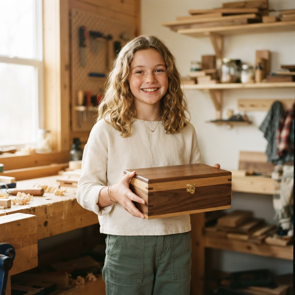 A proud child holding a finished handcrafted wooden box they built