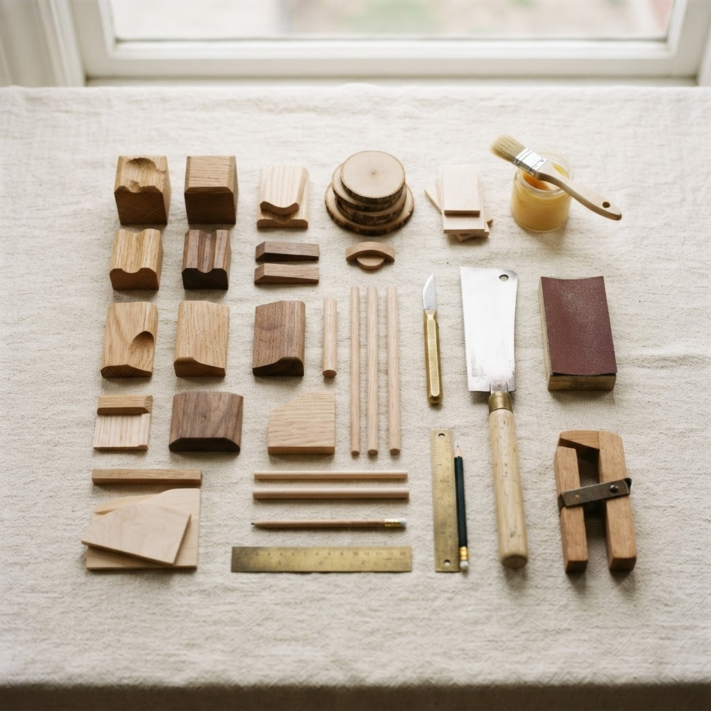 Natural wood project pieces and tools arranged on cream linen