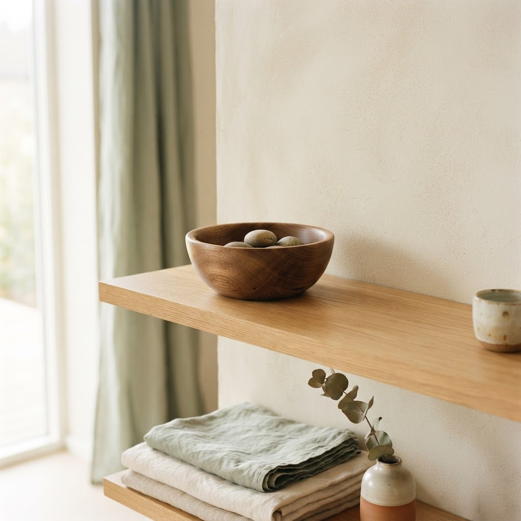 A finished handcrafted wooden object on a shelf in a bright home